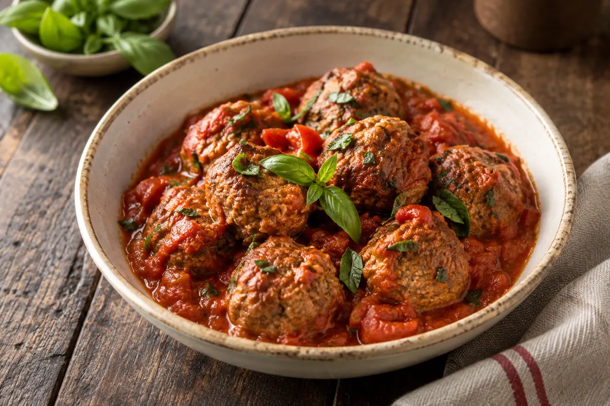 Almôndegas em molho de tomate numa frigideira com manjericão