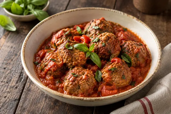 Almôndegas em molho de tomate numa frigideira com manjericão