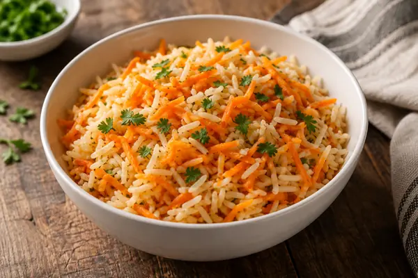 Arroz de cenoura solto numa taça branca