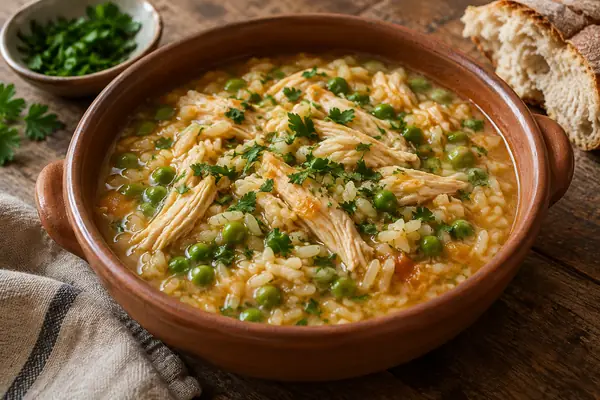 Arroz de frango malandro com ervilhas num tacho de barro