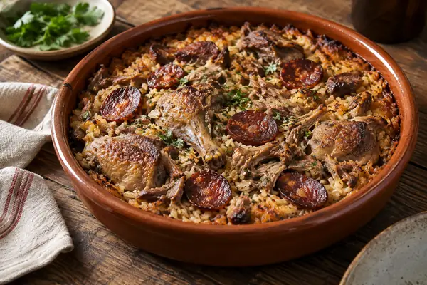 Arroz de pato no forno com rodelas de chouriço, servido em travessa de barro