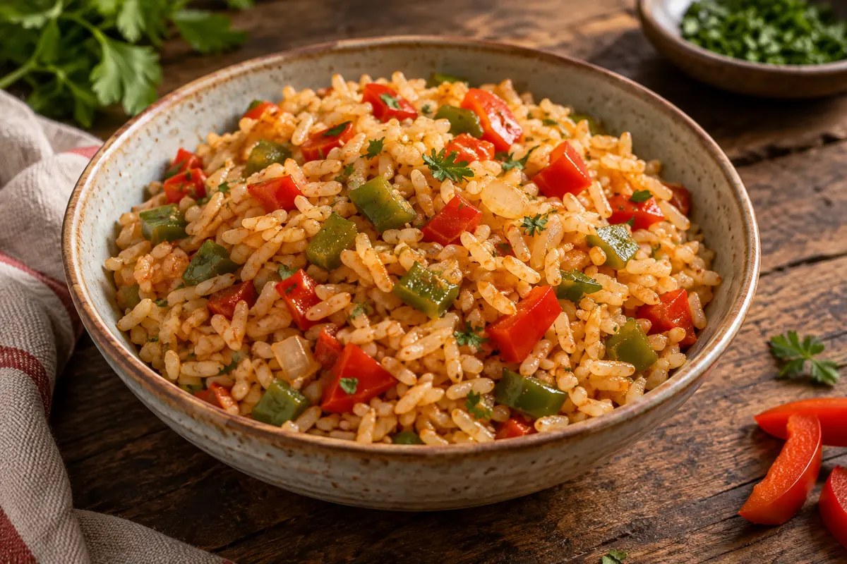 Arroz com pimentos vermelhos e verdes numa travessa de cerâmica