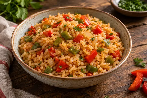 Arroz com pimentos vermelhos e verdes numa travessa de cerâmica