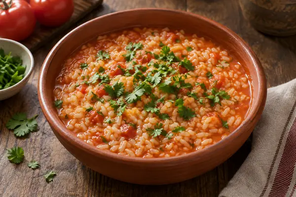 Arroz de tomate malandrinho em tacho de barro com coentros