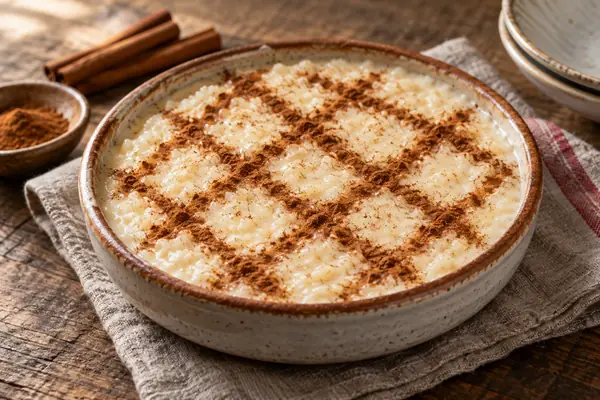Arroz doce em travessa com canela desenhada em losangos