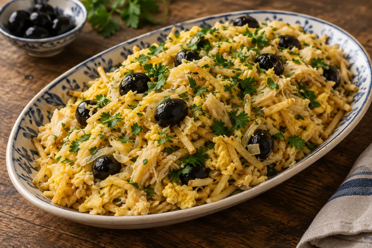 Bacalhau à Brás com azeitonas pretas e salsa numa travessa