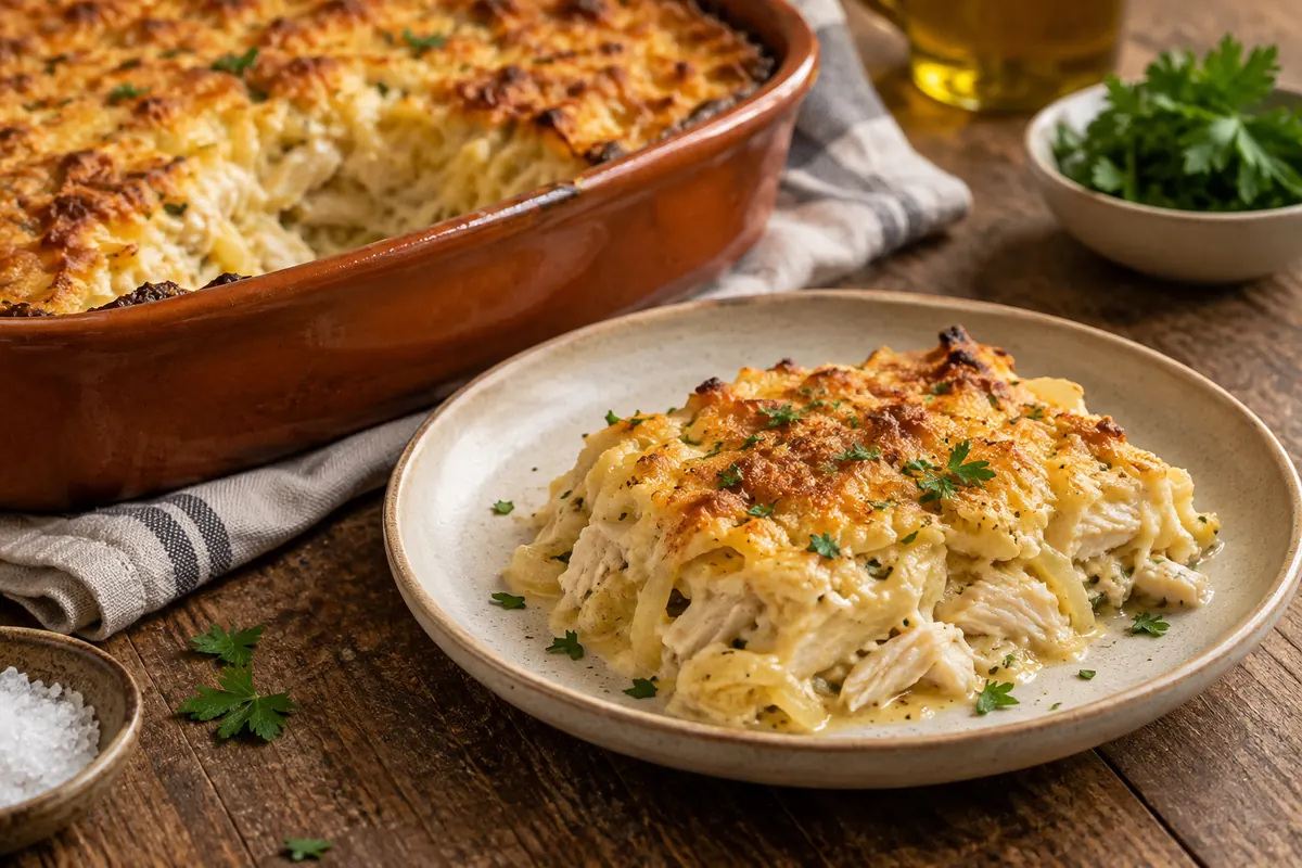 Bacalhau com natas gratinado em travessa de barro