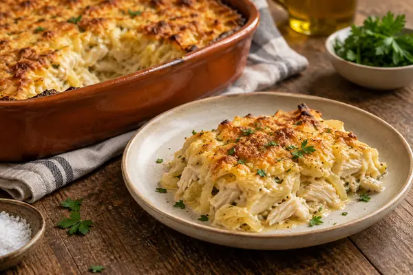 Bacalhau com natas gratinado em travessa de barro