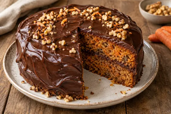 Bolo de cenoura com cobertura de chocolate fatiado