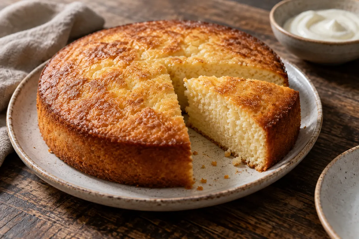 Bolo de iogurte dourado fatiado sobre prato de cerâmica
