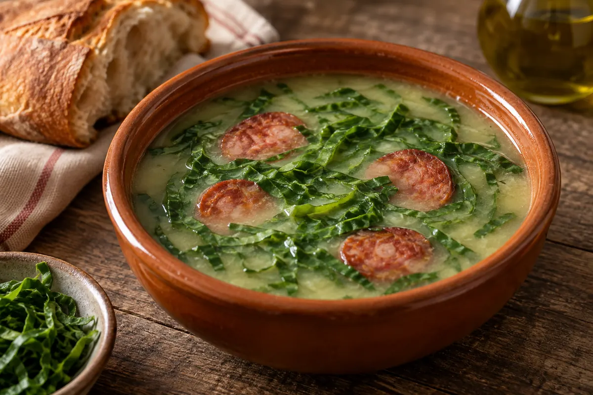 Caldo verde em malga de barro com couve às tiras e rodelas de chouriço
