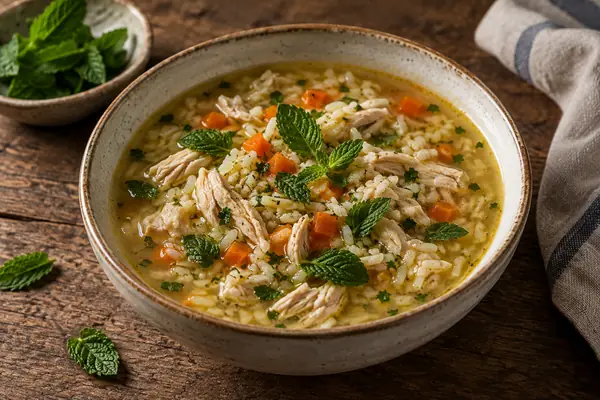 Canja de galinha com arroz e folhas de hortelã numa taça