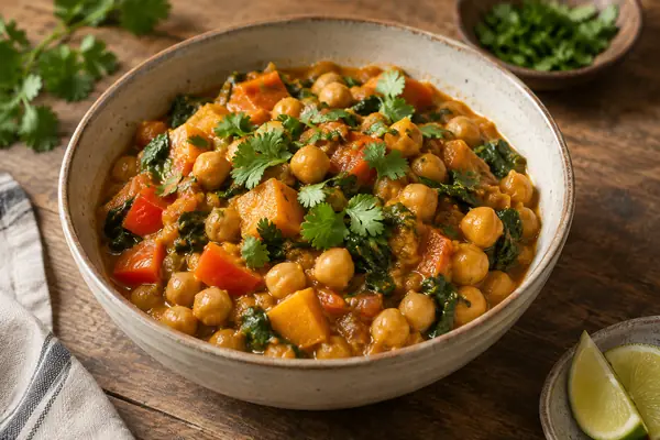 Caril de grão com legumes e coentros numa taça de cerâmica