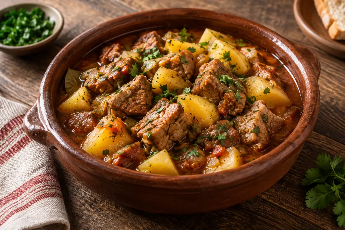 Carne de porco estufada com batatas às rodelas e coentros em tacho de barro