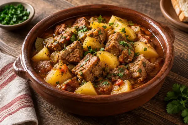 Carne de porco estufada com batatas às rodelas e coentros em tacho de barro