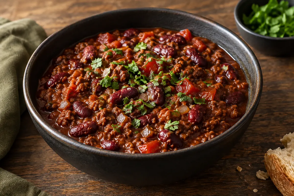 Chili com carne e feijão vermelho numa taça escura