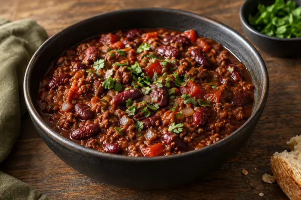 Chili com carne e feijão vermelho numa taça escura