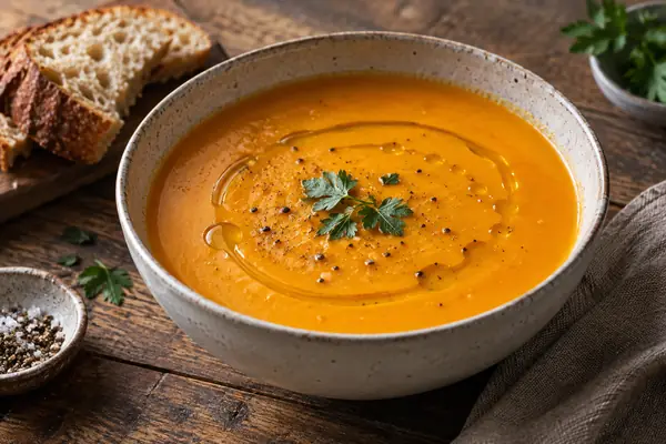 Creme de legumes cor de laranja numa taça de cerâmica, com fio de azeite