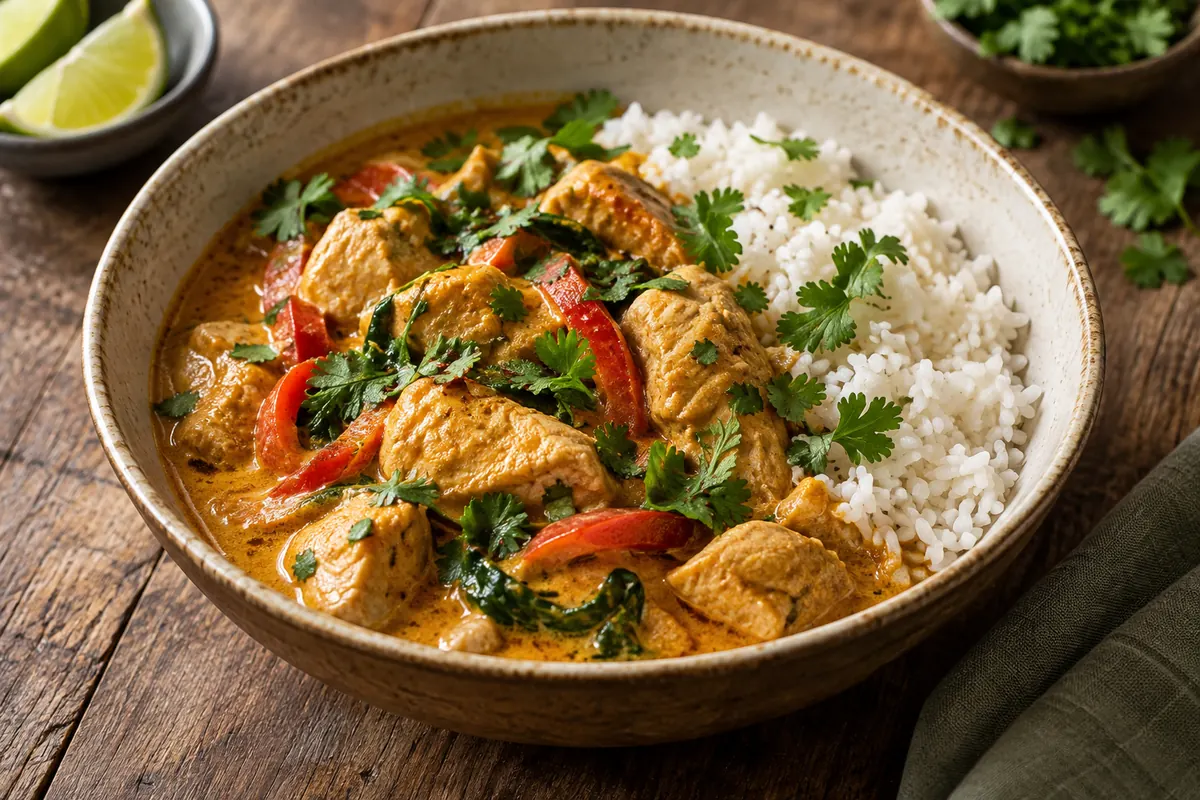 Frango com caril de coco em taça com arroz branco ao lado