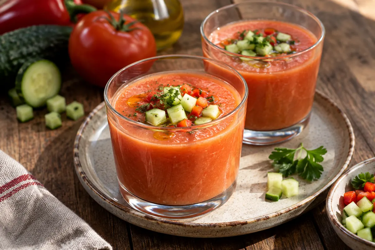 Gaspacho frio em copos com cubos de pepino
