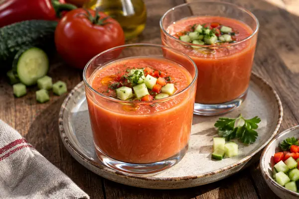 Gaspacho frio em copos com cubos de pepino
