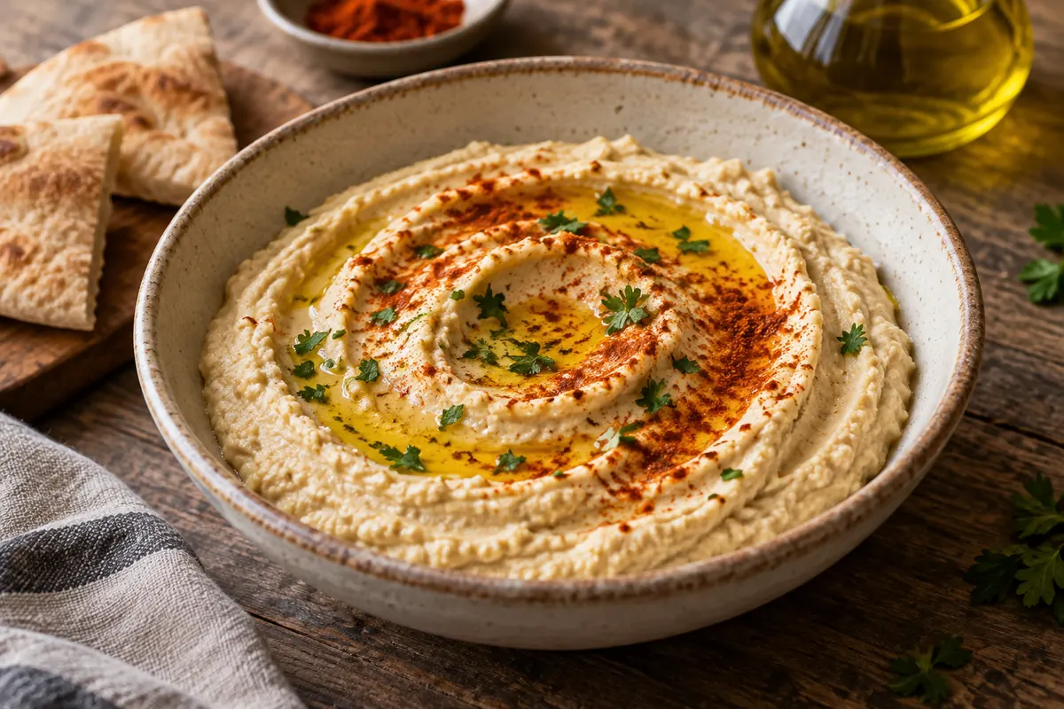Hummus cremoso com azeite e colorau numa taça