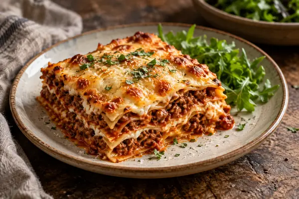 Fatia de lasanha de carne gratinada num prato de cerâmica