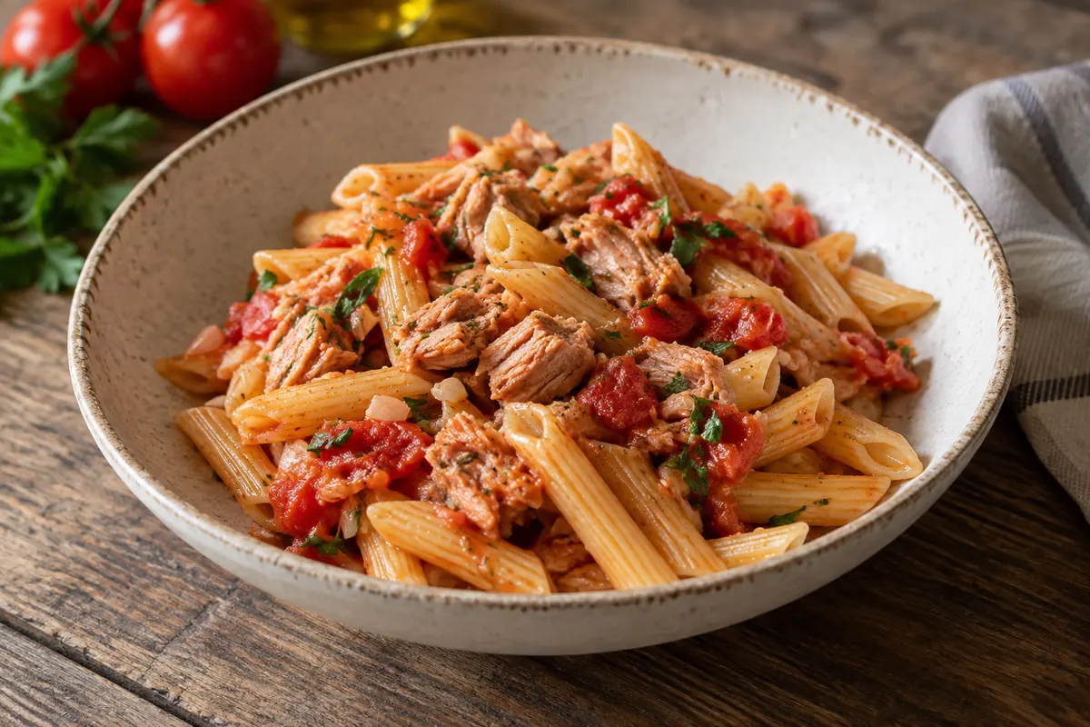 Massa penne com molho de tomate e atum num prato fundo