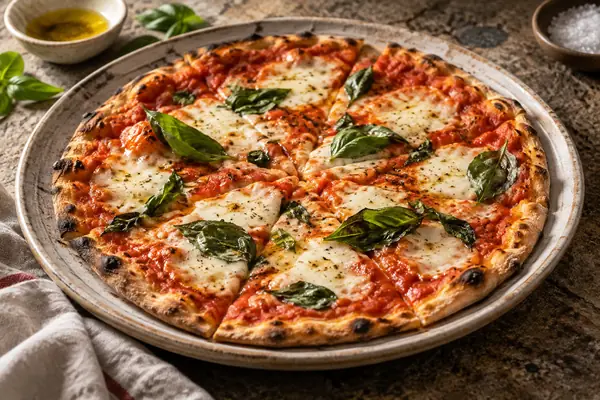 Pizza caseira de base fina com tomate e manjericão sobre pedra