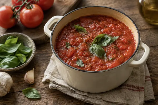Molho de tomate caseiro num tacho com manjericão