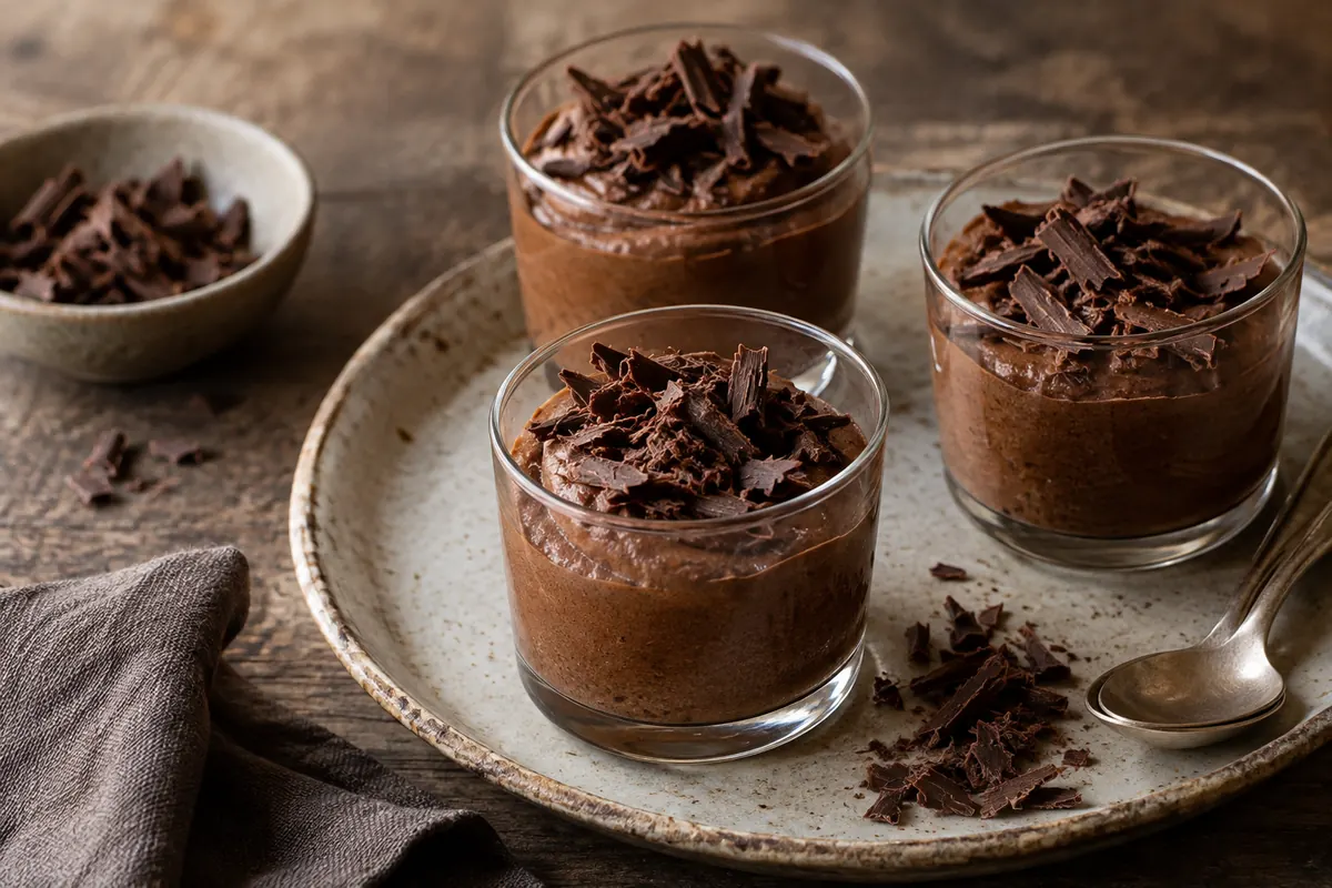 Mousse de chocolate em copos de vidro com raspas de chocolate