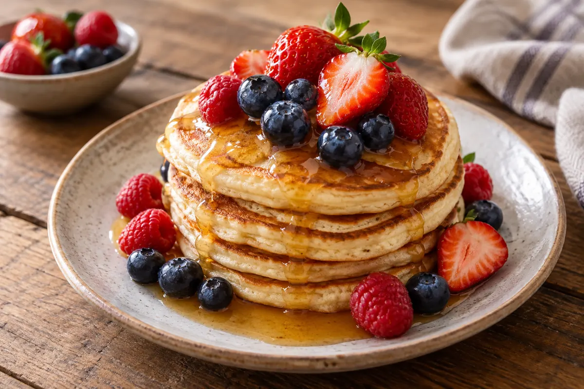 Pilha de panquecas com fruta fresca e mel