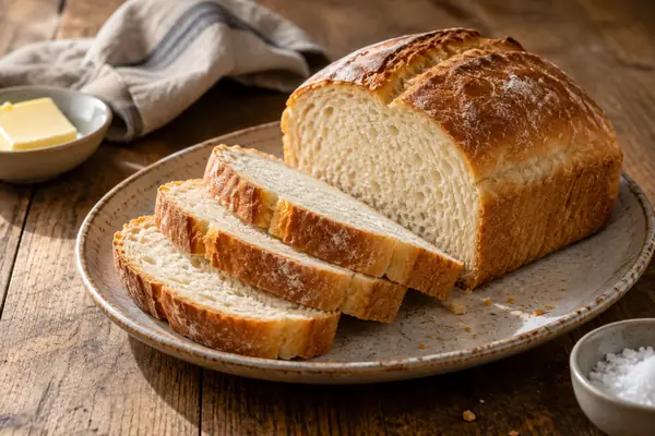 Pão de forma fatiado sobre tábua de madeira