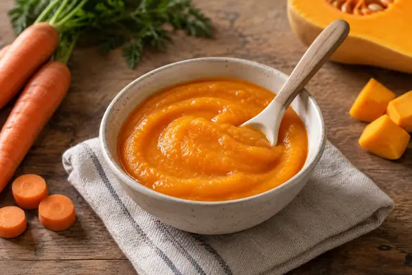 Puré de legumes para bebé em taça pequena com colher