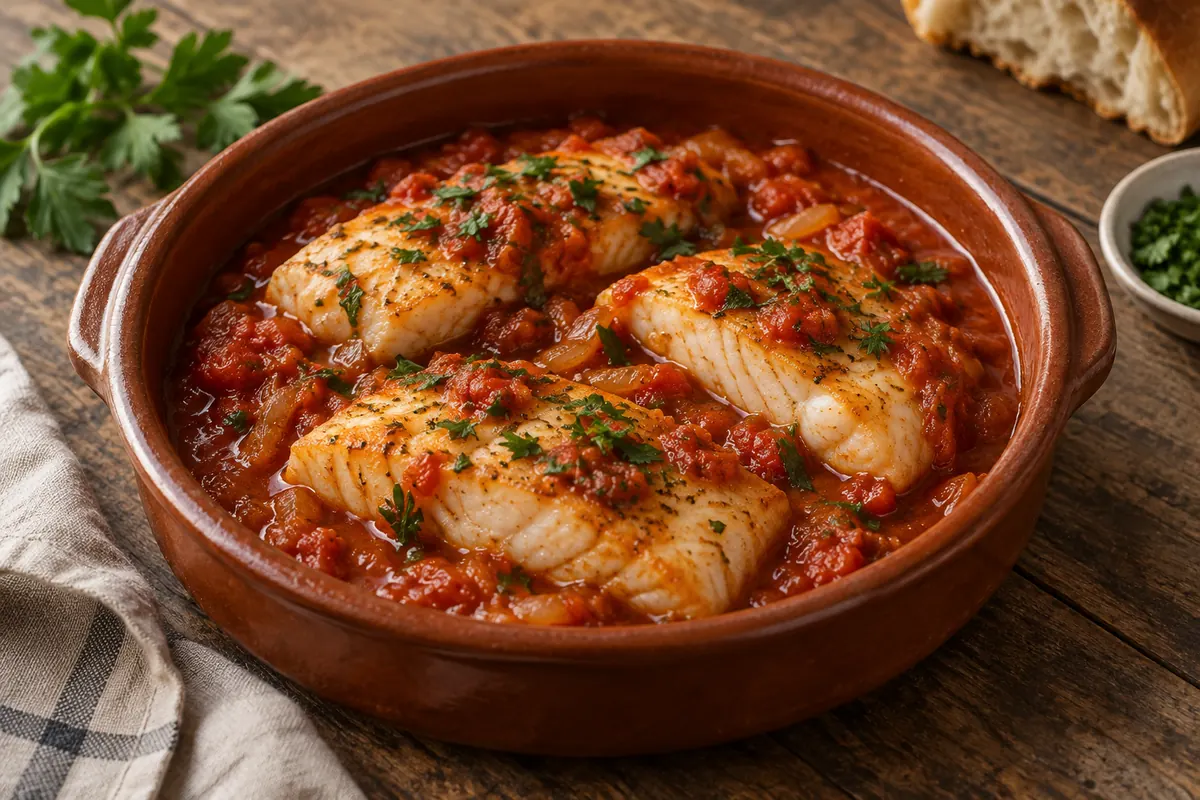 Filetes de pescada em molho de tomate numa frigideira de barro