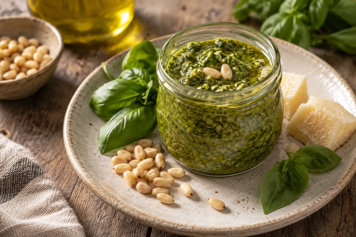 Pesto verde de manjericão num frasco de vidro com pinhões