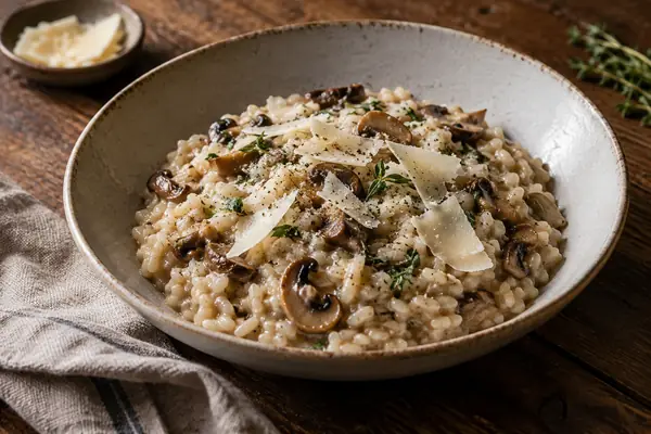 Risotto de cogumelos cremoso em prato fundo com lascas de parmesão