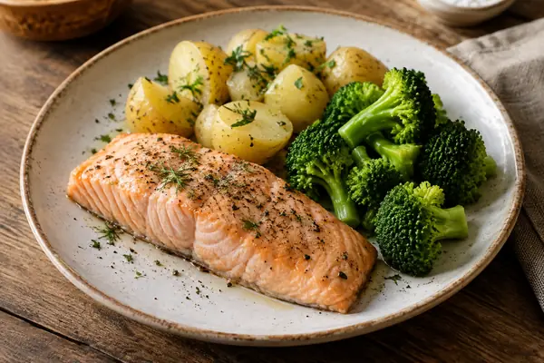 Posta de salmão ao vapor com brócolos e batata num prato