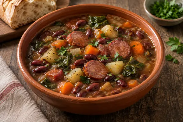 Sopa da pedra com feijão vermelho e enchidos numa malga de barro