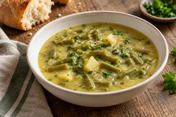 Sopa de feijão-verde com pedaços de vagem numa taça branca