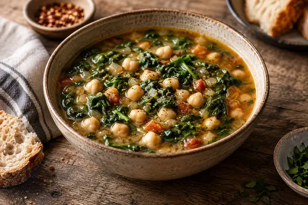 Sopa de grão com espinafres numa malga rústica