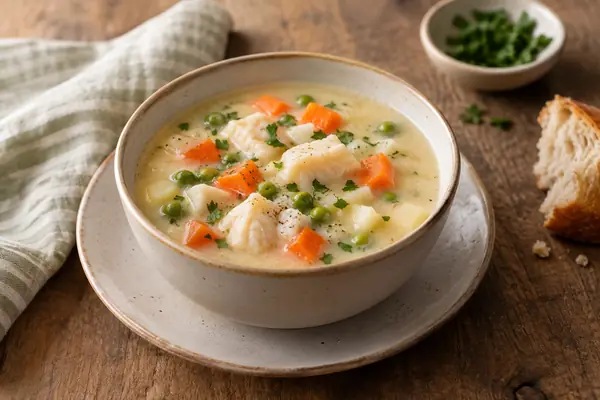 Sopa cremosa de peixe e legumes para criança numa taça
