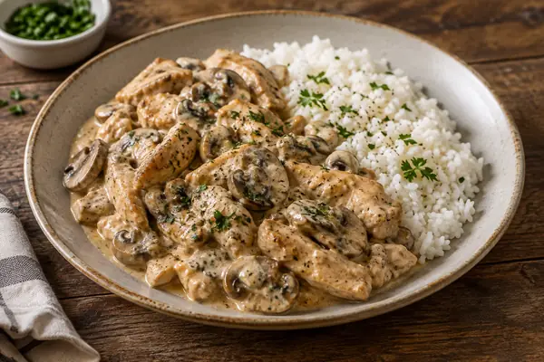 Strogonoff de frango com cogumelos e arroz branco